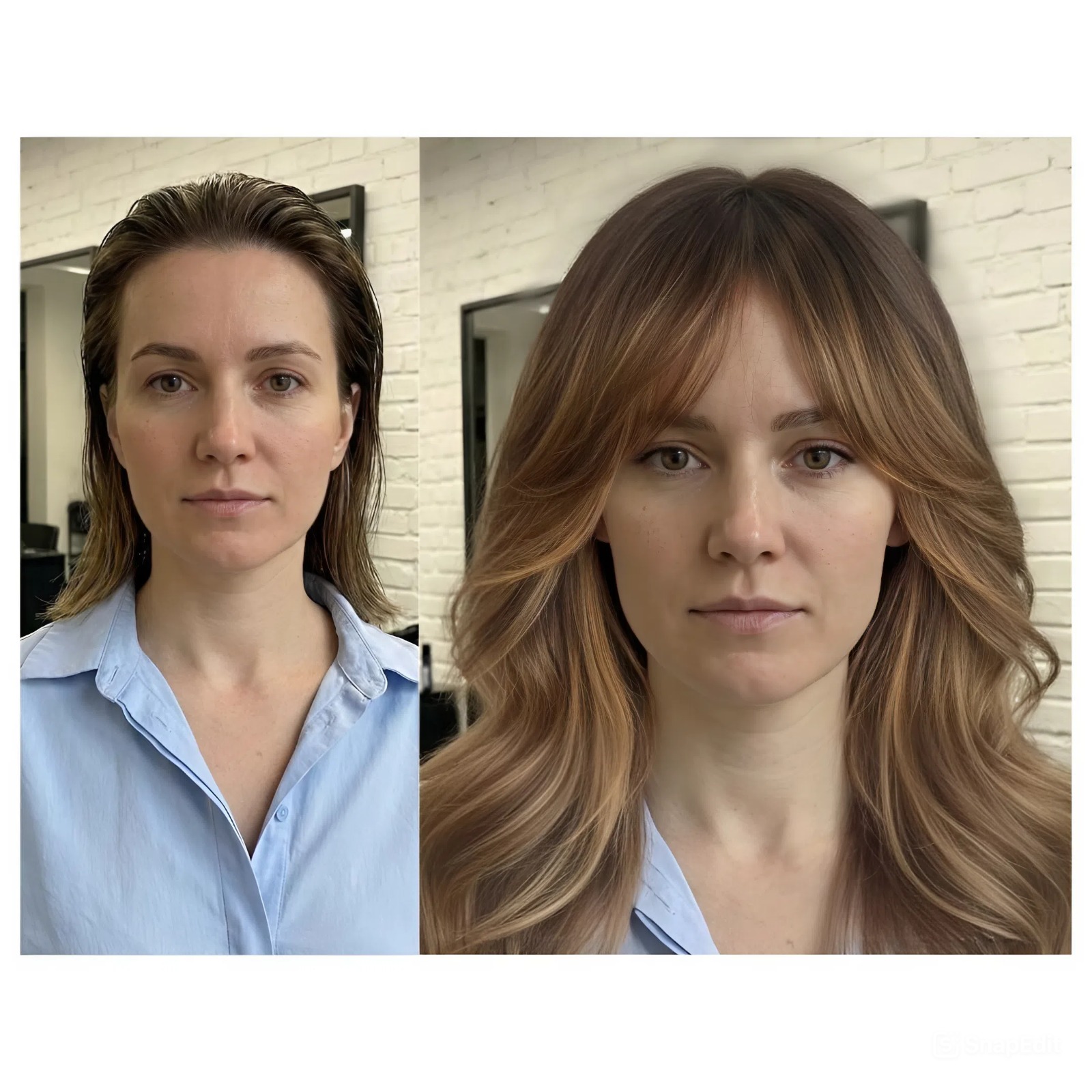 Woman Using Long Hair Filter to Preview Long Waves on Her Short Hair