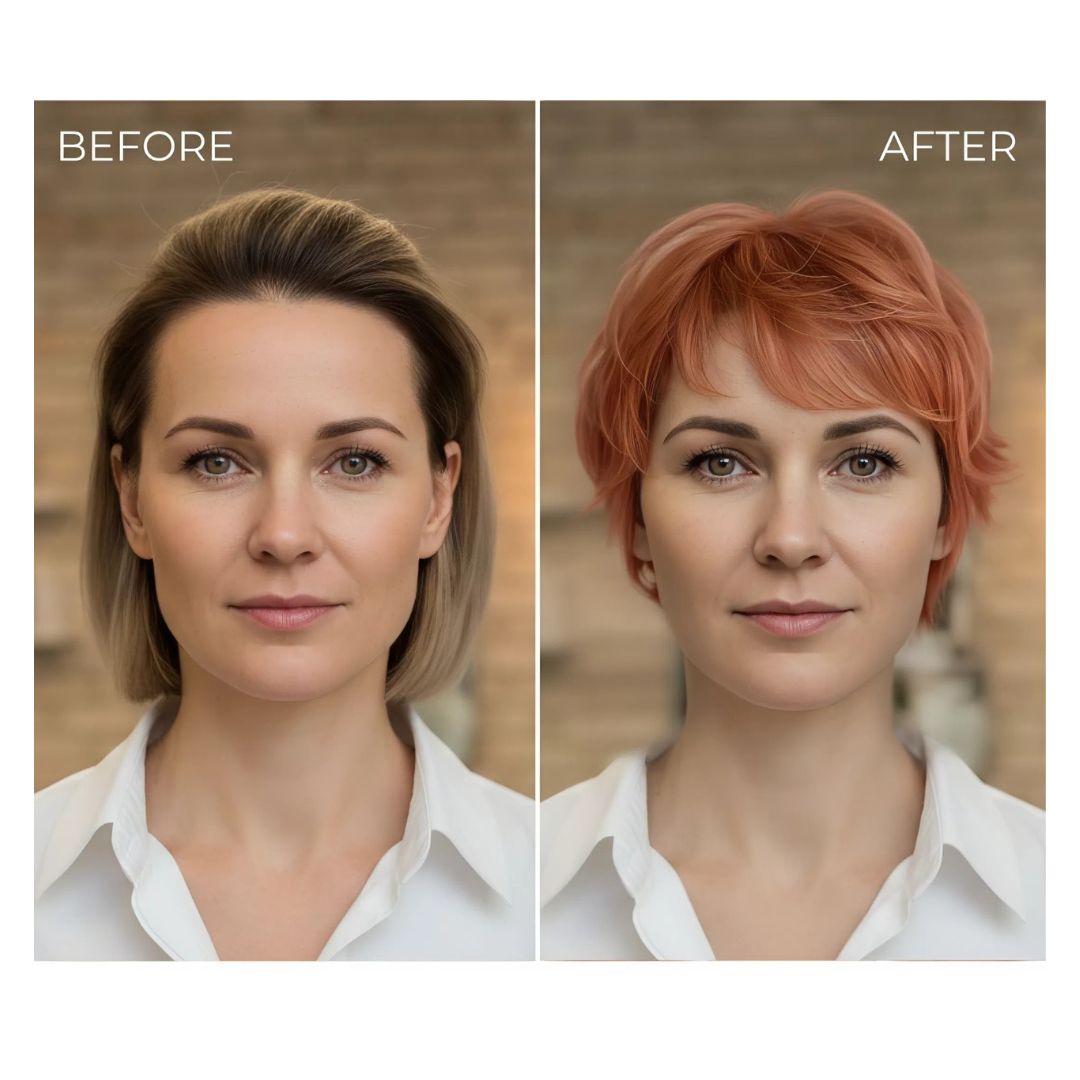 Virtual Hair Color App for Strawberry Blonde Hair Before and After Result on a Woman