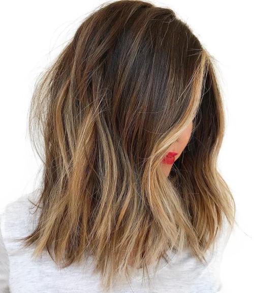 Choppy Brunette Lob with Caramel Blonde Highlights