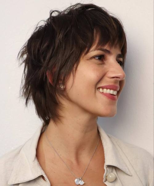 Messy Brunette Shullet with Bangs