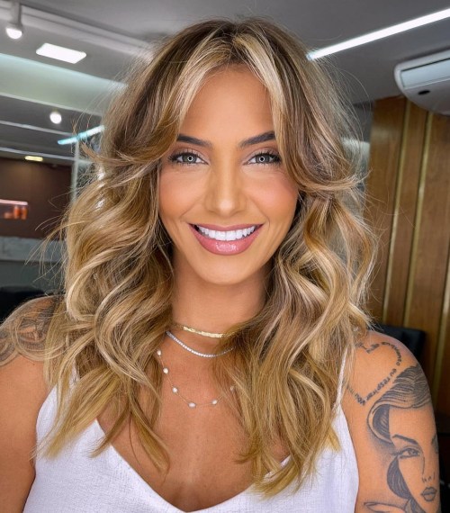 Long Curtain Bangs with Highlights and Irregular Middle Part