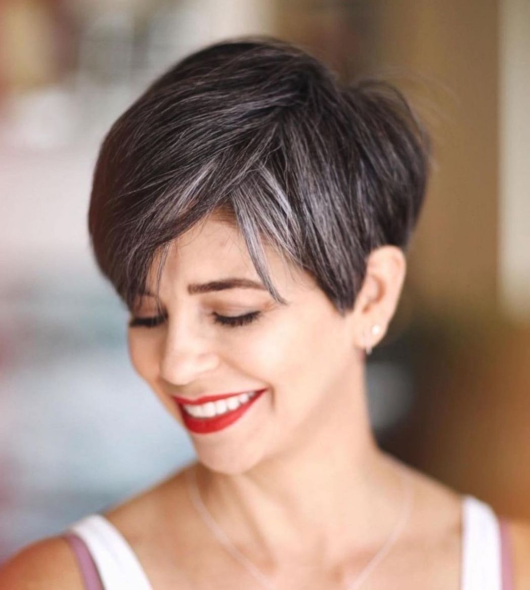 Long Pixie with Skillful Gray Blending for Dark Hair