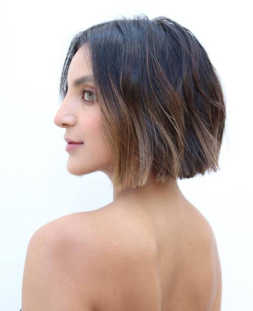 Edgy Blunt Black Bob with Bronde Highlights