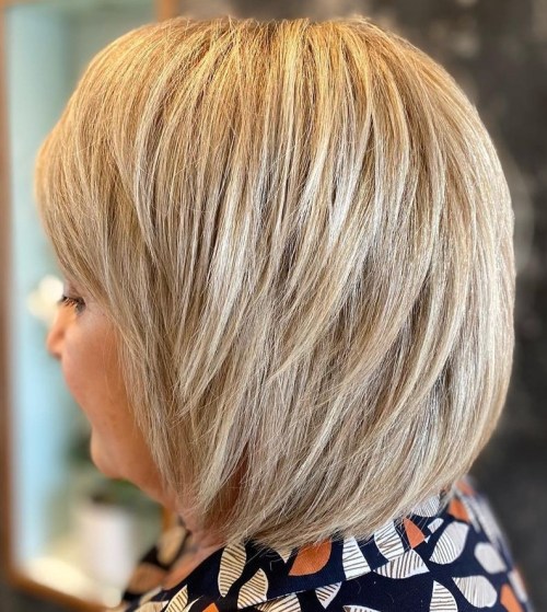 Heavily Layered Thick Blonde Bob with Bangs