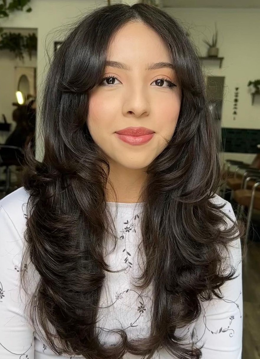 Long Hair with Heavy Layering and Short Curtain Fringe