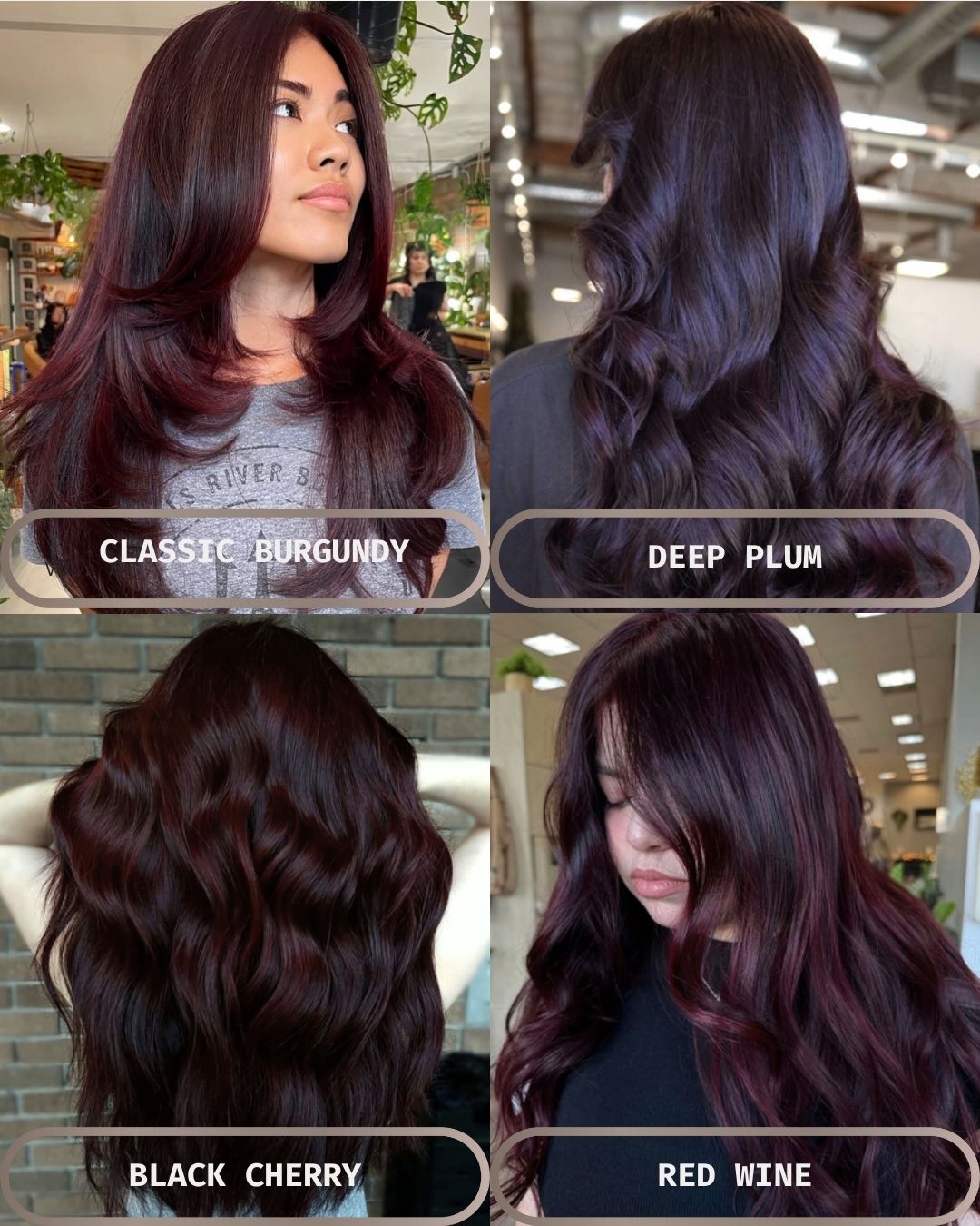 Color Chart Comparison of Different AI Dark Red Hair Color Shades in a Free Burgundy Hair Color Try On App