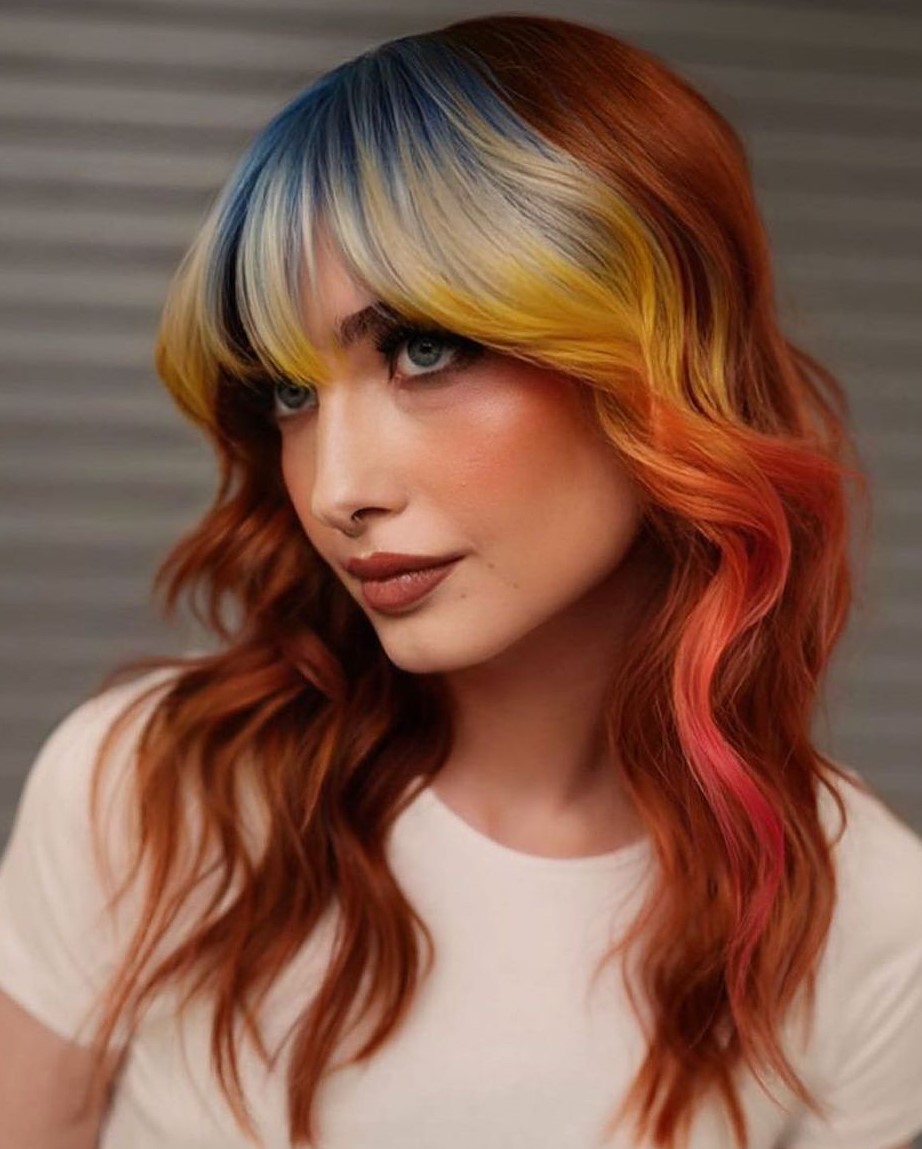 Vibrant Color Block Hairstyle with Bangs