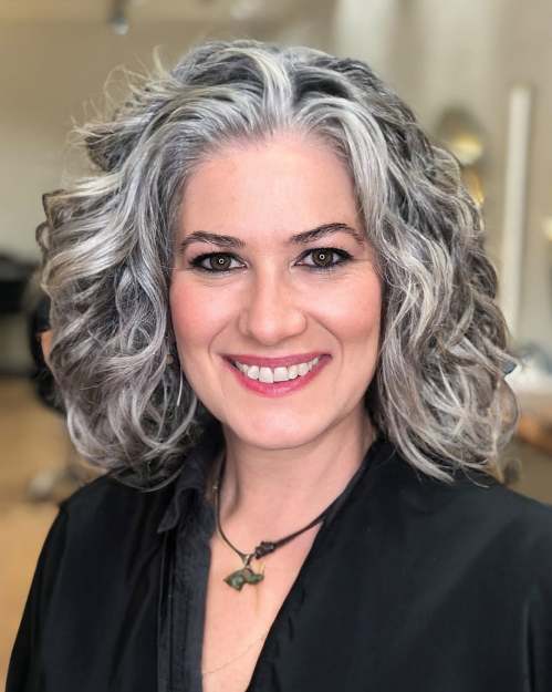 50+ Salt and Pepper Curly Lob Haircut