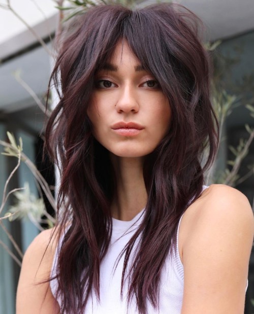 Tousled Wolf Hairstyle in Dark Burgundy Tones