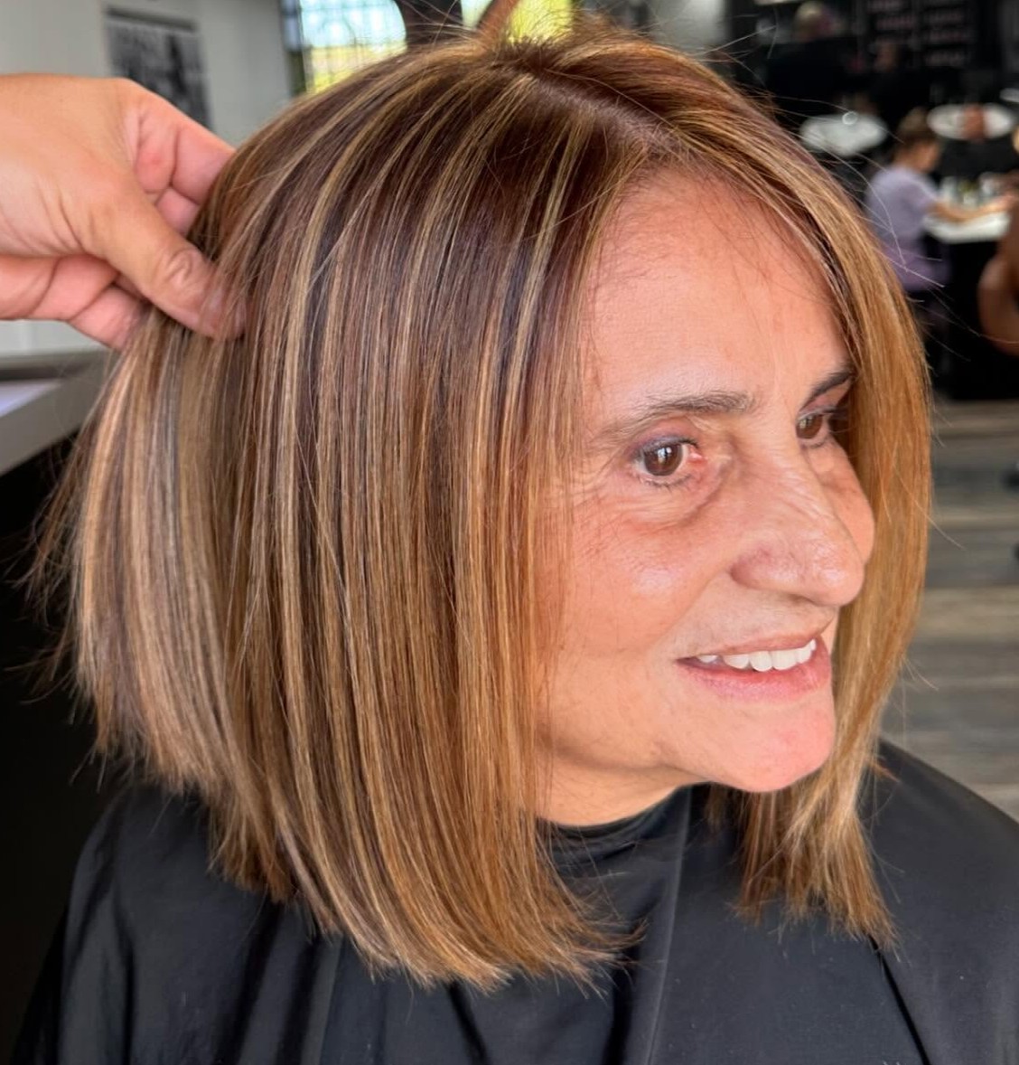 Over Medium-Length Bob with Honey Highlights