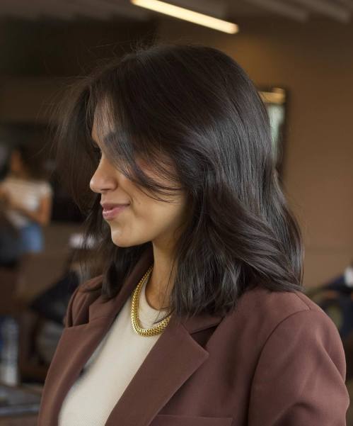 Expensive Brown Lob with Wispy Bangs