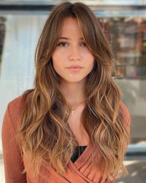 Medium Brown Hair with Caramel Balayage and Face Framing Bangs