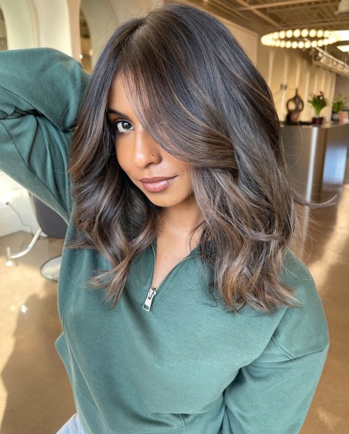 Shoulder Length Curled Brown Balayage Hair