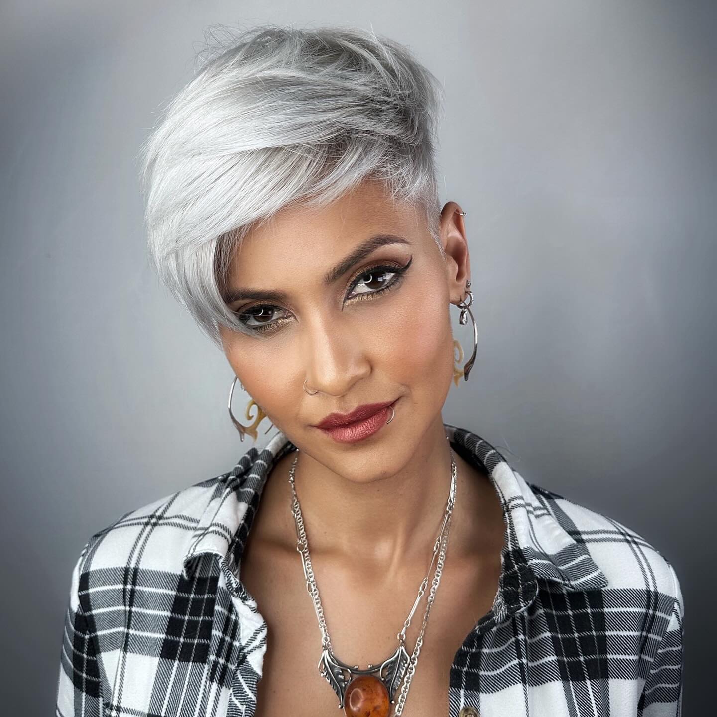 Edgy Platinum Gray Pixie with Side Bangs