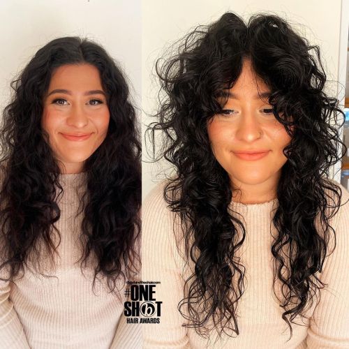Long Curly Hair with Soft Curtain Bangs