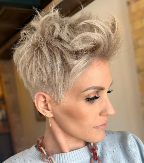 Spiky Ash Blonde Pixie with Pompadour Bangs