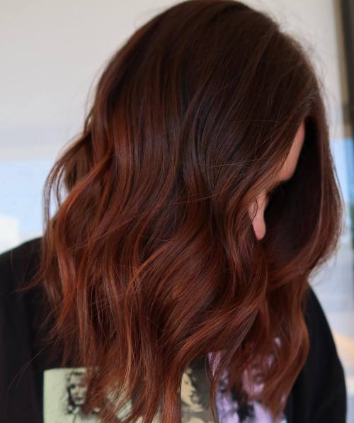 Vivid Auburn Balayage Lob with Tangerine Highlights